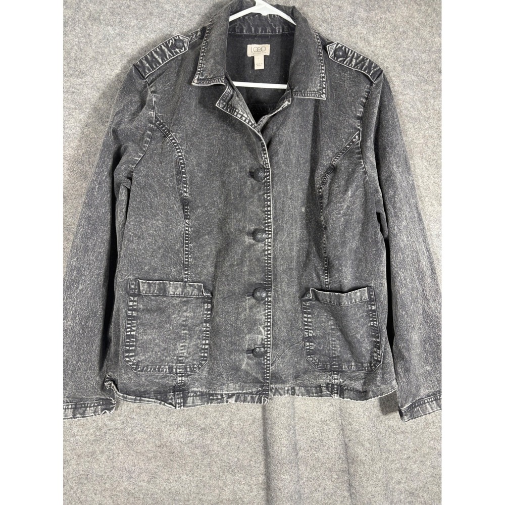 LOGO Lori Goldstein Womens Acid Wash Denim Jacket Gray Button Front Large A69255